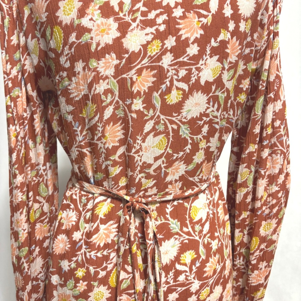 Billabong Wrap Dress Red Clay Crinkle Floral Blouson Sleeve Boho Cottage Party M - Picture 6 of 12